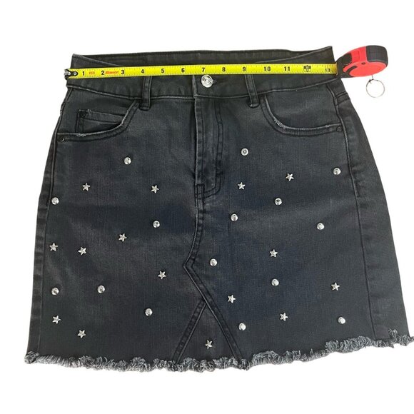 Women’s Black Denim Mini Skirt Star Stud Embellished Raw Frayed Hem Size S - Picture 3 of 10